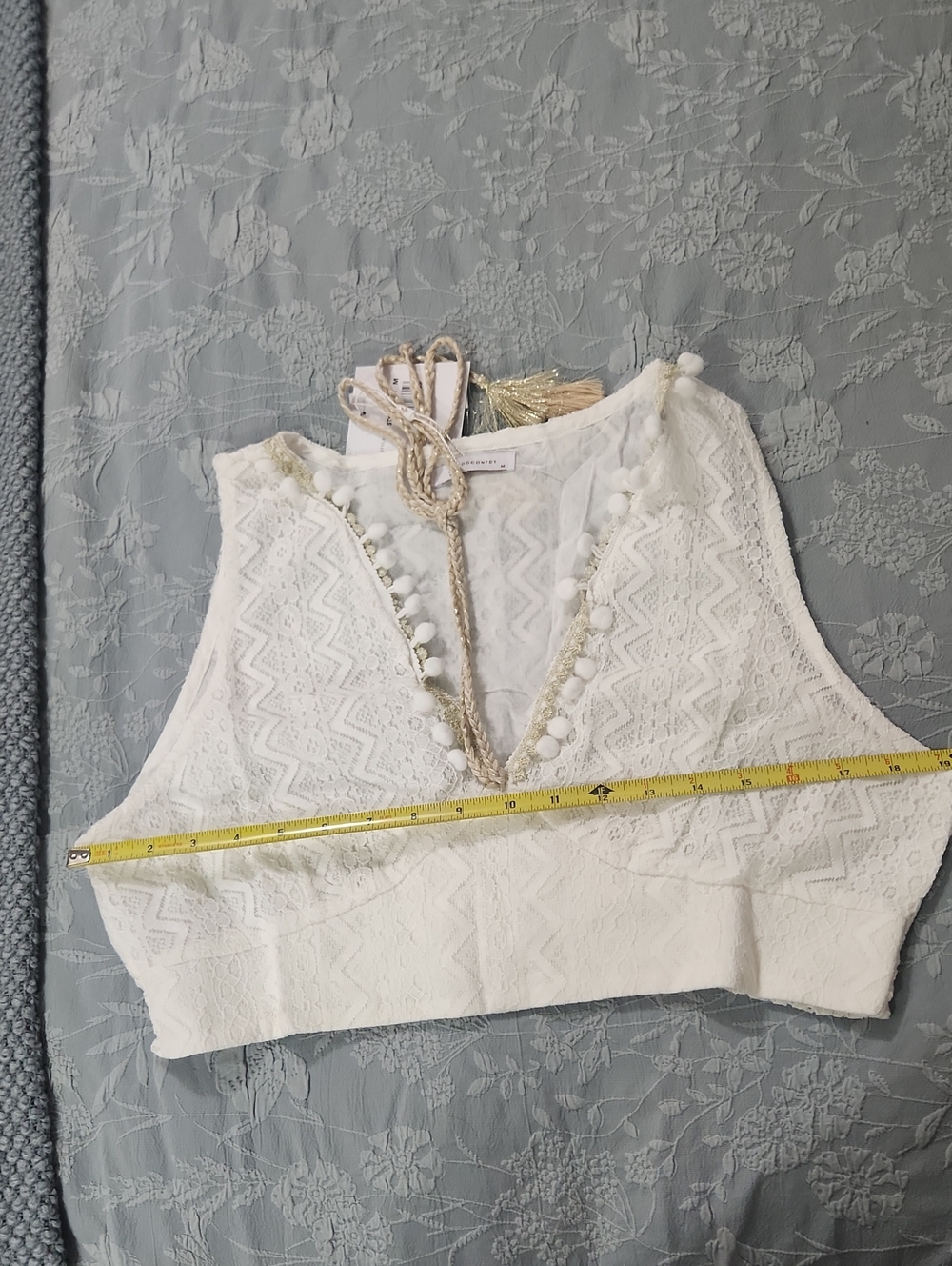 White Crochet V-Neck Crop Top with Tassel Tie - Picture 8 of 10